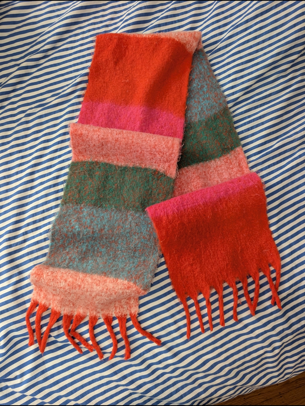Colorblock Fringe Women’s Scarf in Red, Pink, Coral and Green